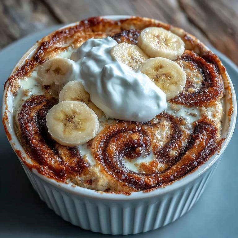 A single-serve ramekin of Cinnamon Swirl Protein Banana Baked Oats with a visible cinnamon ribbon and a golden top.