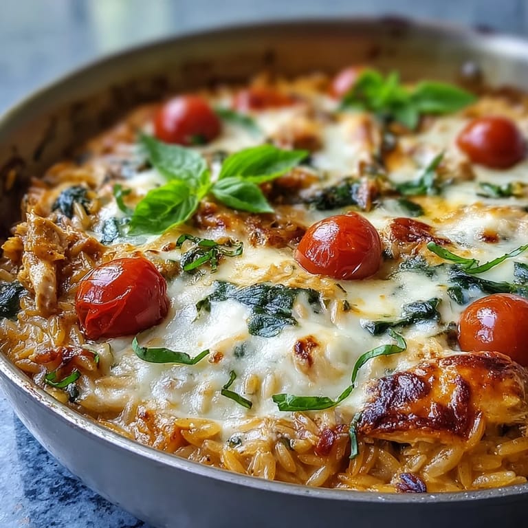 Close-up of One-Pan Creamy Chicken Lasagna Orzo revealing tender chicken, saucy pasta, and ricotta dollops next to crusty bread.