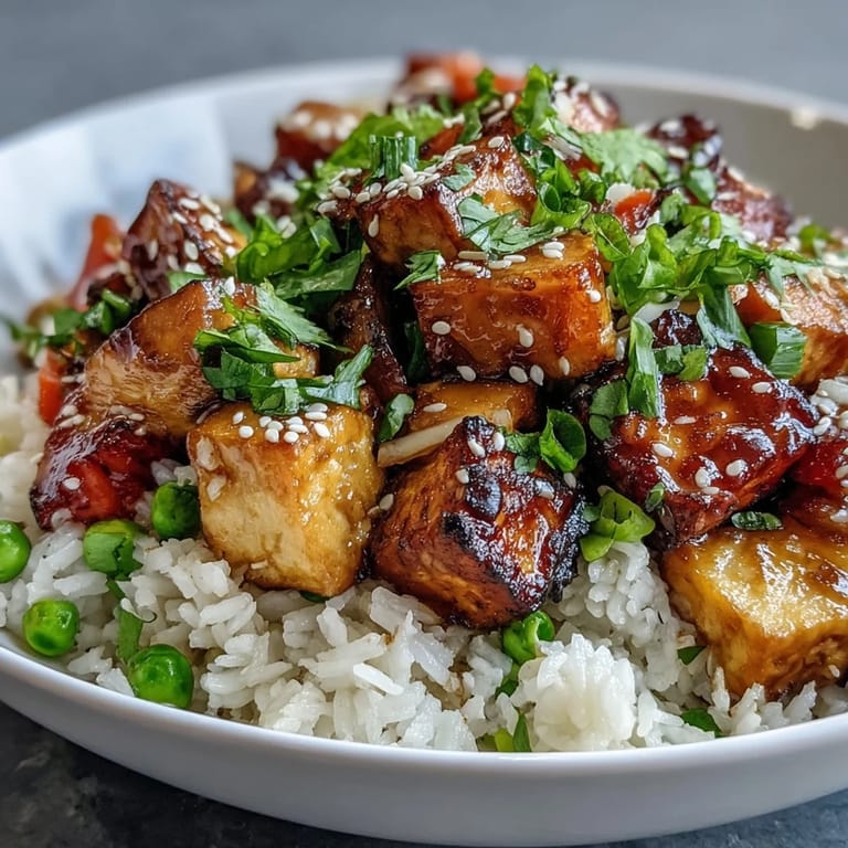 Steaming bowl of Crispy Sesame Tofu Fried Rice with vibrant vegetables, served beside a dipping sauce.