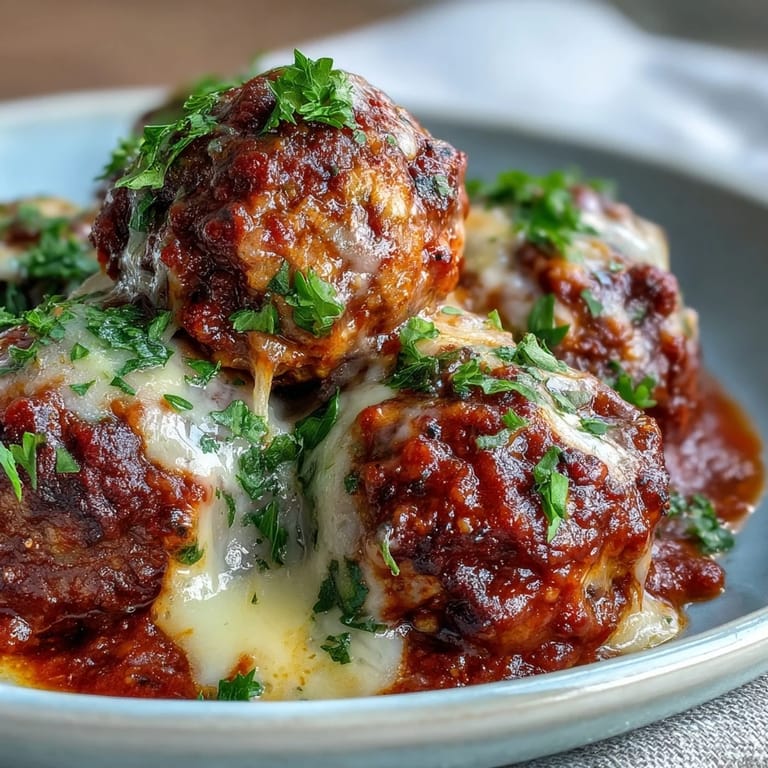 A spoon scoops into a skillet of Baked Spicy Chicken Parm Meatballs with marinara and mozzarella.