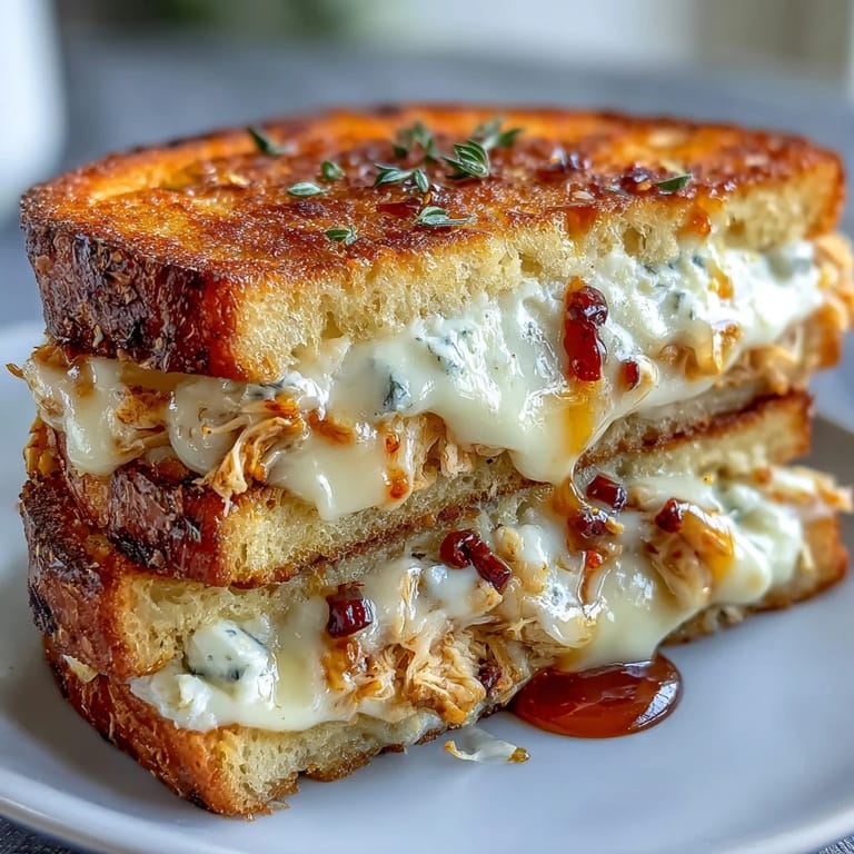 Golden Goat Cheese & Hot Honey Chicken Grilled Cheese cut in half, served beside a fresh arugula salad and tomatoes.