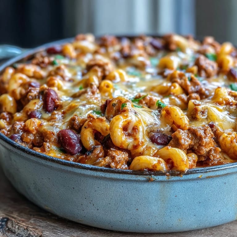Close-up of Baked Ranch Turkey Chili Mac with golden-brown cheese crust, revealing tender pasta, ground turkey, and beans.
