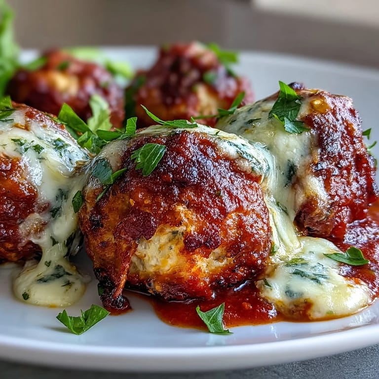 A serving spoon lifts a saucy Baked Spicy Chicken Parm Meatball over spaghetti, with garlic bread and a crisp green salad nearby.