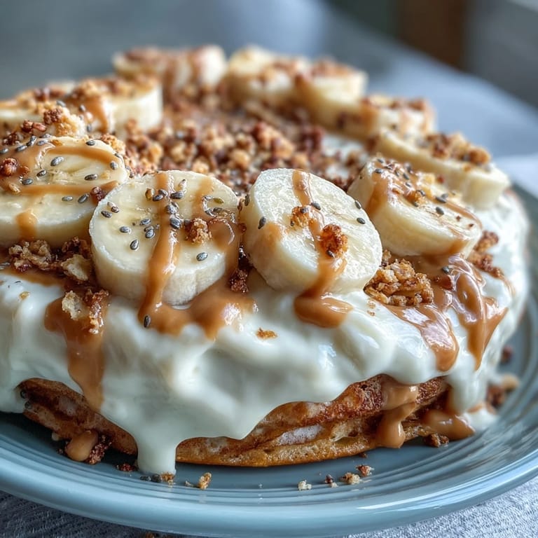 A close-up of High-Protein Breakfast Pizza Bowl, showing warm peanut butter drizzle over cool yogurt on a golden base.