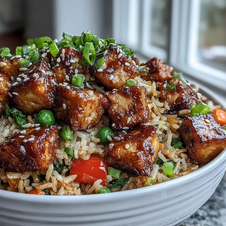 This Crispy Sesame Tofu Fried Rice is served in a black bowl, garnished with toasted sesame seeds and fresh green onions.