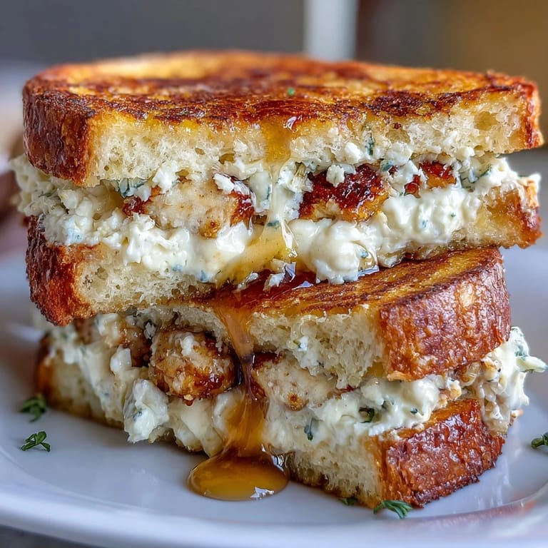 Freshly grilled Goat Cheese & Hot Honey Chicken Grilled Cheese cut diagonally, revealing layers of shredded chicken and tangy goat cheese.
