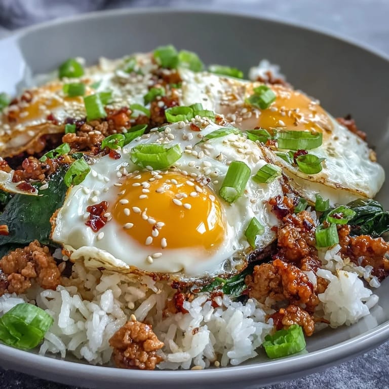 Overhead view of a hot skillet presenting Creamy Korean Turkey Rice Skillet, featuring savory turkey, wilted spinach, and halved jammy eggs, garnished with sesame seeds and sliced scallions.
