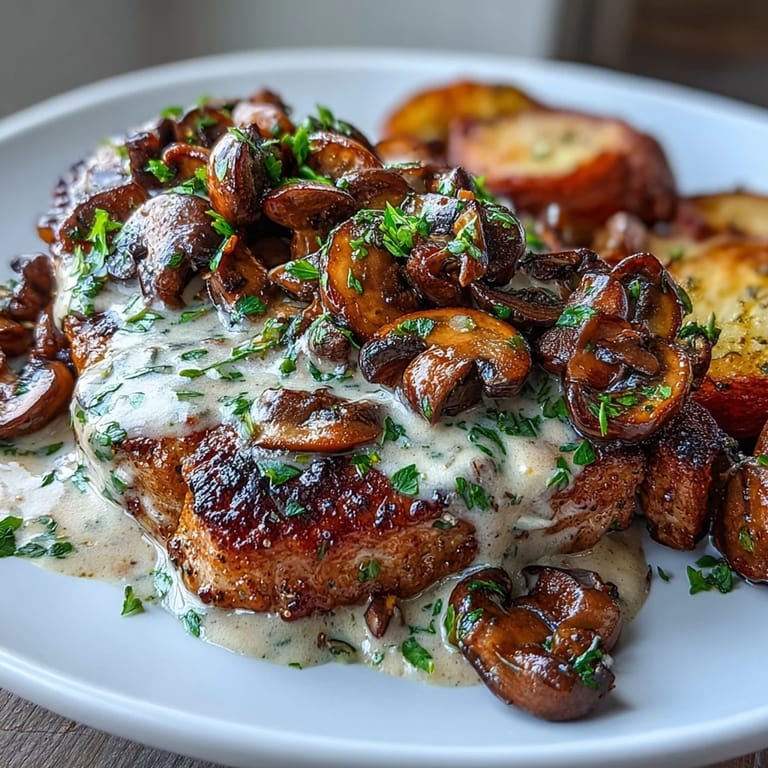 Tender bone-in pork chops smothered in creamy mushroom sauce alongside golden roasted radishes for a low-carb family dinner.