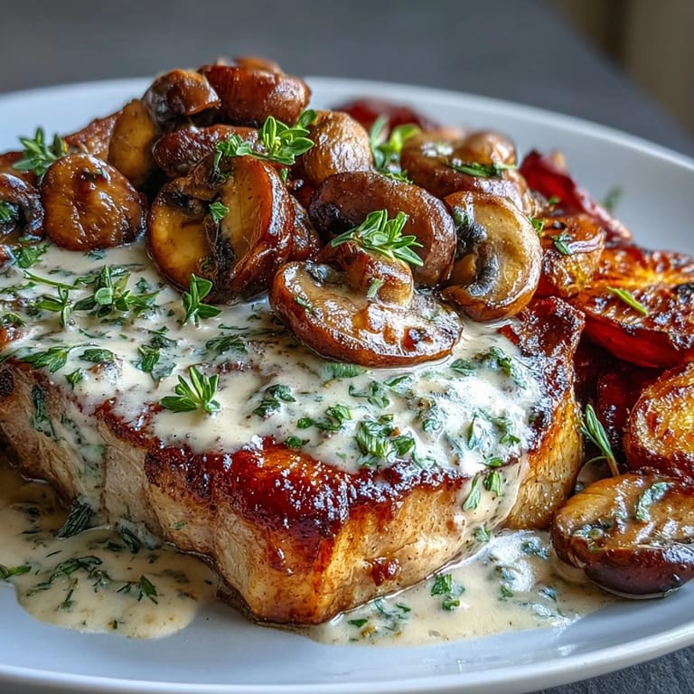 An overhead view of Keto Creamy Mushroom Pork Chops with roasted radishes, drizzled sauce, and a rustic wooden table setting.