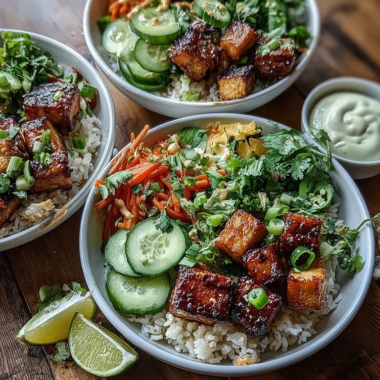 A close-up of plant-based Vietnamese-inspired bowls with quick-pickled cucumbers, spicy mayo, and crunchy tofu, served with zesty lime wedges.