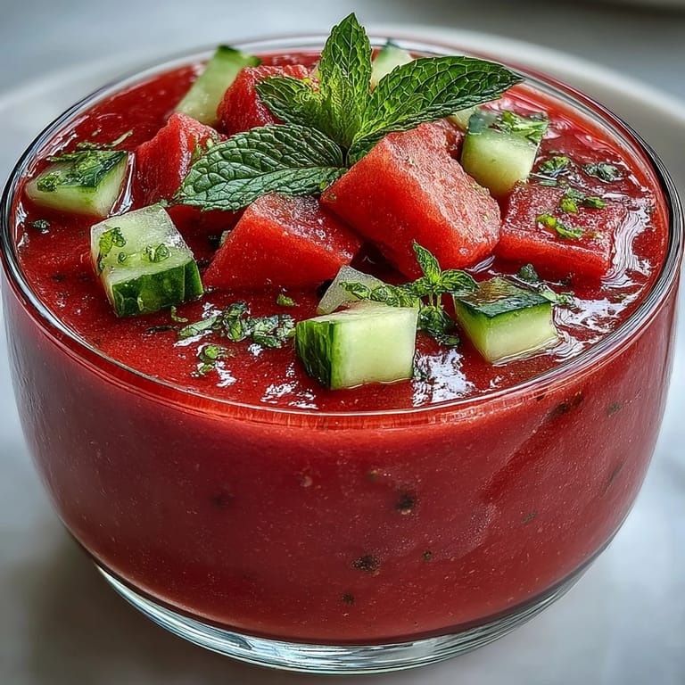 A pitcher of Vegan Watermelon Mint Gazpacho with Cucumber and Lime, showcasing its vibrant red color next to sliced limes and watermelon rind.