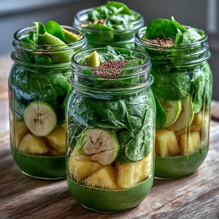 Prepped Green Smoothie Meal Prep Jars packed with pineapple and spinach, plus chia seeds, lime, and ginger.