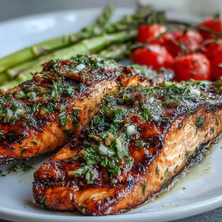 Tender Grilled Lemon Herb Salmon with Asparagus and Cherry Tomatoes plated with roasted vegetables and lemon wedges for a bright finish.