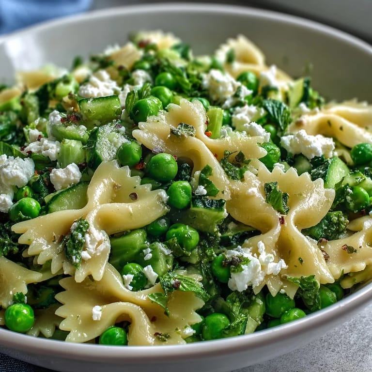 Overhead view of Fresh Spring Pea and Mint Pasta Salad with Lemon Vinaigrette, featuring farfalle pasta, bright green peas, and fresh herbs.