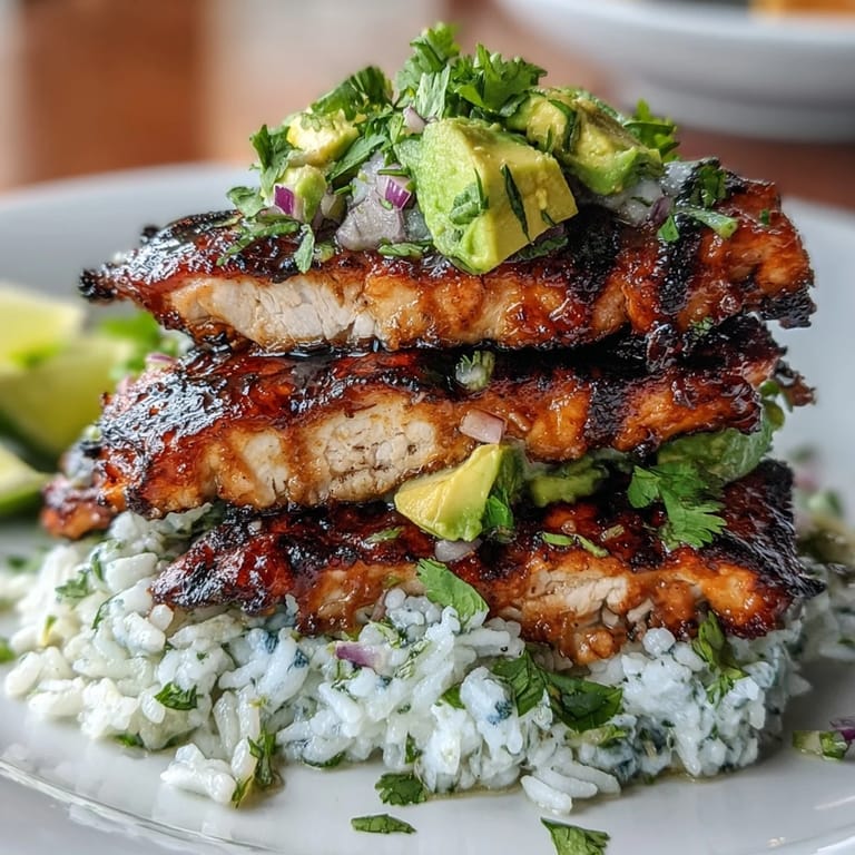 Vibrant honey lime-marinated chicken breast layered over fluffy rice with creamy avocado and cilantro mix.  