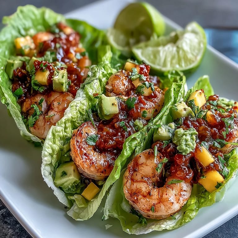 Colorful shrimp tacos with zesty mango salsa, avocado, and lime, served in refreshing lettuce wraps for a healthy meal.