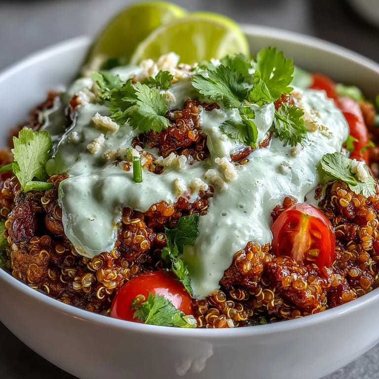 Hearty vegan quinoa bowl featuring spiced lentil taco meat, creamy avocado lime crema, and colorful vegetable garnishes.  