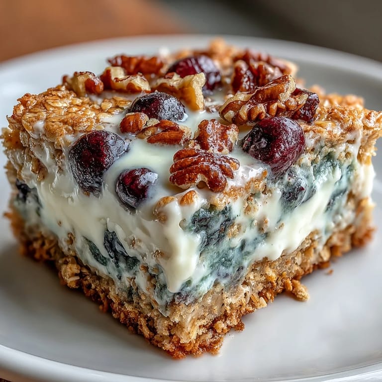 Wholesome blueberry oatmeal bake with a marbled Greek yogurt topping, served warm with juicy berries and a sprinkle of chopped nuts.