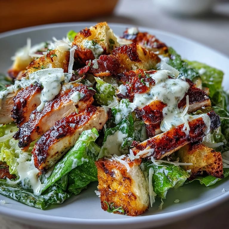 Classic Caesar salad with grilled chicken, tangy Greek yogurt dressing, and golden sourdough croutons for a satisfying, healthy meal.