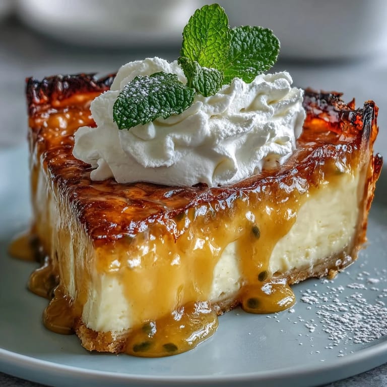 Golden passionfruit curd nestled in crisp phyllo pastry, topped with fluffy whipped cream and fresh mint leaves.