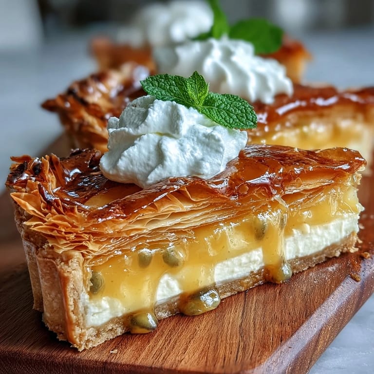 Buttery phyllo crust filled with silky passionfruit curd, garnished with whipped cream and mint for a refreshing treat.