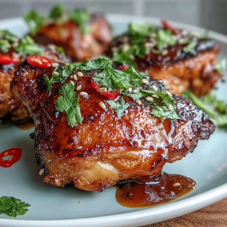 Golden-brown chicken thighs glisten under a vibrant chili jam glaze, delivering a perfect balance of heat and sweetness.  