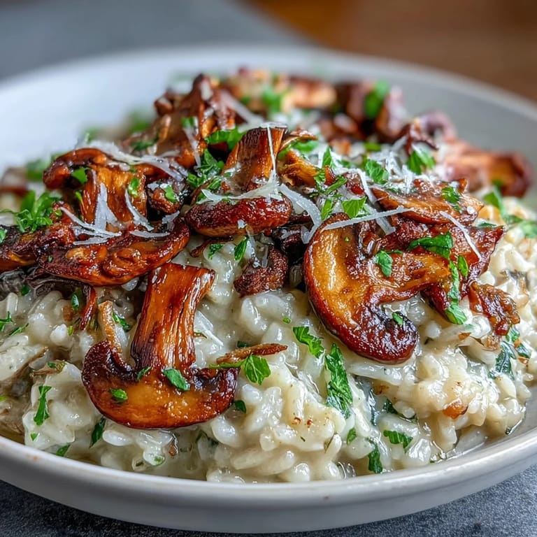 Gourmet wild mushroom risotto with truffle oil, showcasing creamy rice, sautéed wild mushrooms, and a luxurious truffle finish in every bite.