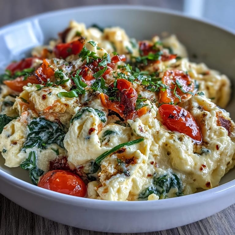 Creamy cottage cheese and eggs scrambled with tender vegetables for a hearty breakfast.