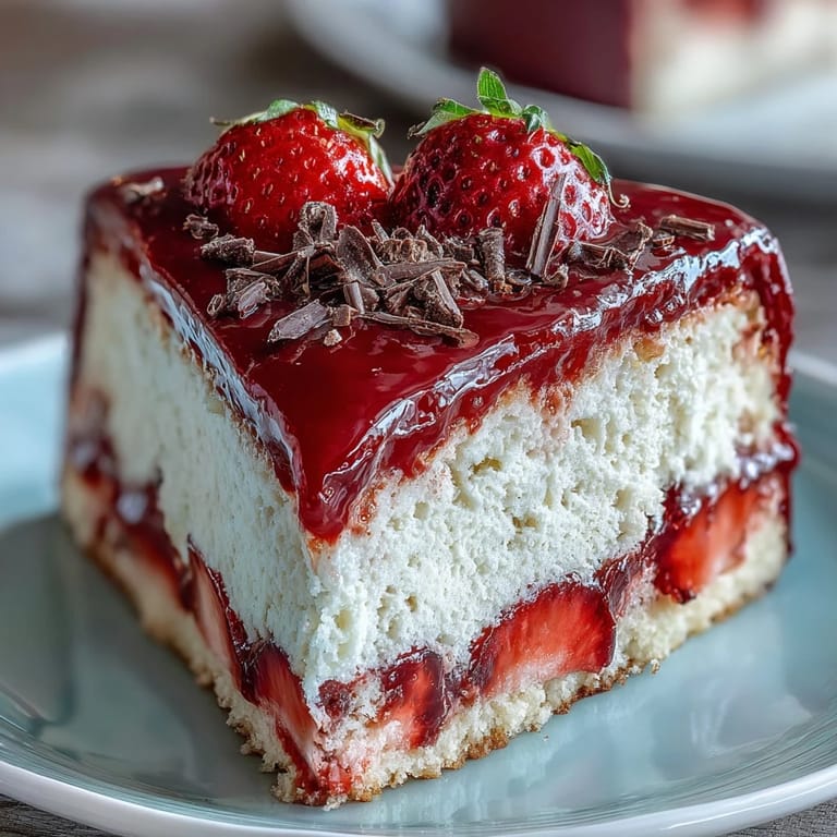 Romantic strawberry mousse cake featuring fluffy sponge layers and vibrant strawberry glaze, a stunning Valentine's Day centerpiece.