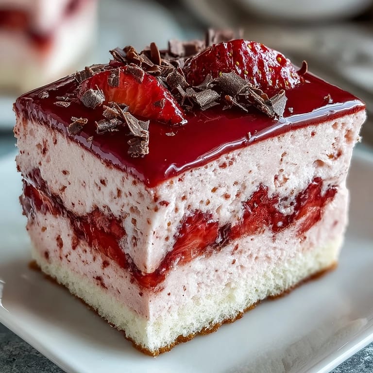Elegant layered strawberry mousse cake with tender sponge base and glossy strawberry glaze, ideal for Valentine's Day celebrations.  