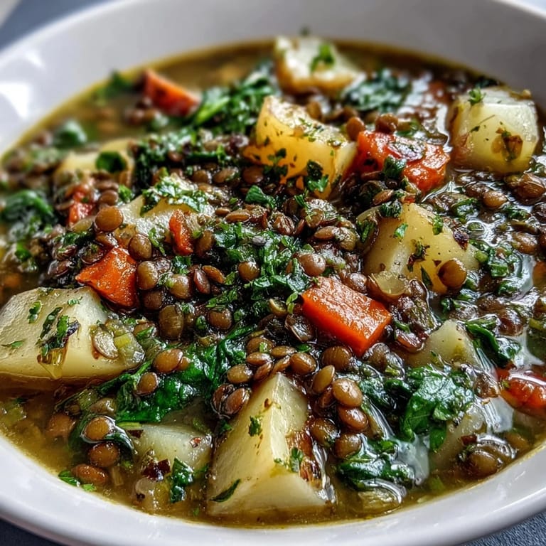 Creamy potatoes and tender lentils blend with sweet carrots in a comforting, herb-infused stew perfect for chilly evenings.  