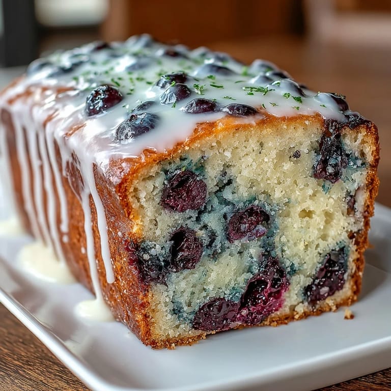 A fresh blueberry lemon loaf with tangy glaze, beautifully baked and ready for tea parties.