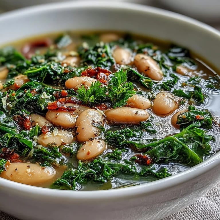 Cozy vegetarian soup with tender kale, creamy white beans, and a bright citrus twist, served in a deep ceramic dish.  