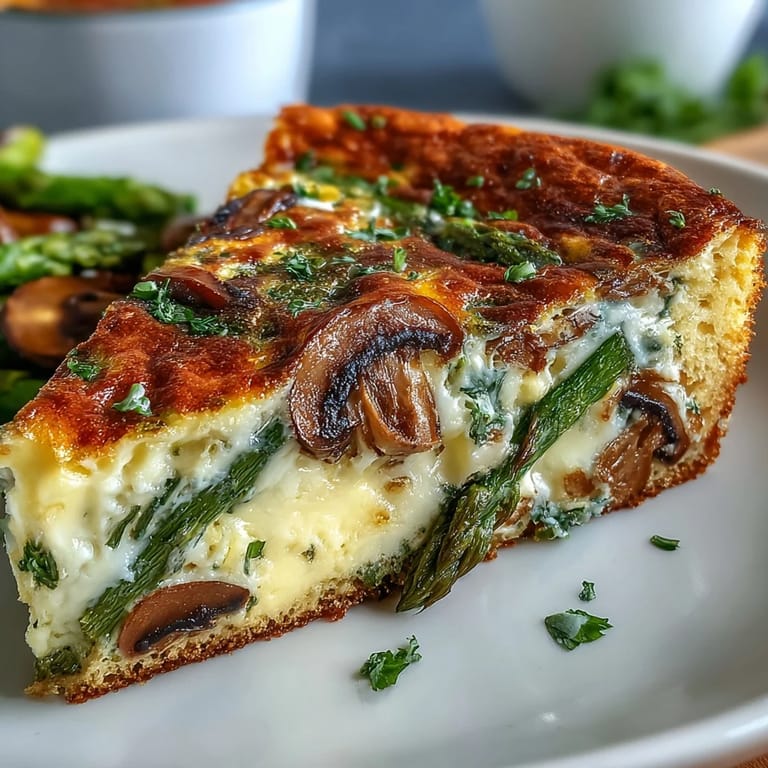 A slice of this hearty frittata showcases layers of earthy mushrooms, vibrant asparagus, and rich cheese baked atop a golden sourdough crust.