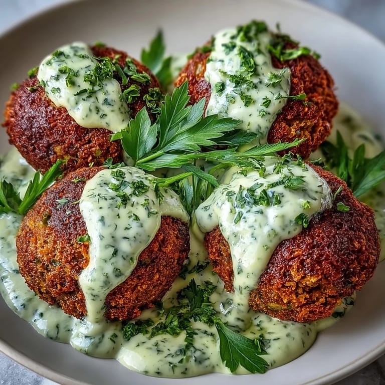Herby falafel made in the air fryer, served alongside a bright, lemony green tahini sauce.