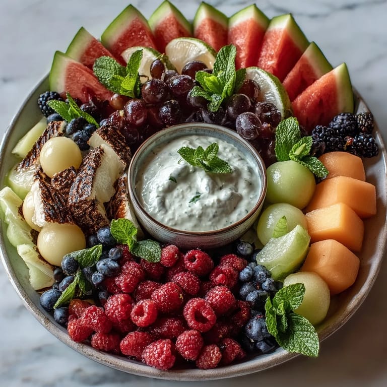 Colorful melon balls and fresh berries arranged on a platter, paired with a tangy honey-lime Greek yogurt dip for a refreshing snack.