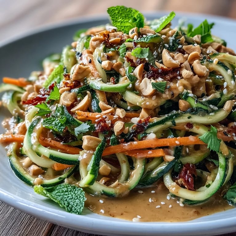 Light and zesty Vegan Thai Peanut Zucchini Noodle Salad features crunchy veggie ribbons and a creamy peanut dressing, perfect for a healthy summer meal.