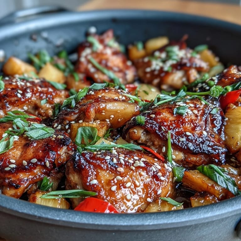 Tropical Sticky Honey Garlic Chicken Pineapple Skillet with juicy chicken thighs, honey-garlic glaze, and colorful veggies for a vibrant one-pan dinner.