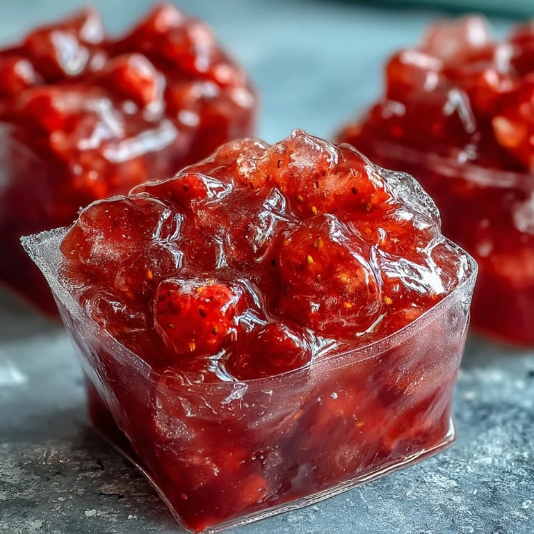 A close-up view of icy, ready-to-serve Strawberry Pineapple Daiquiri Freezer Pouches, showing the vibrant red and orange slushy texture inside clear pouches.