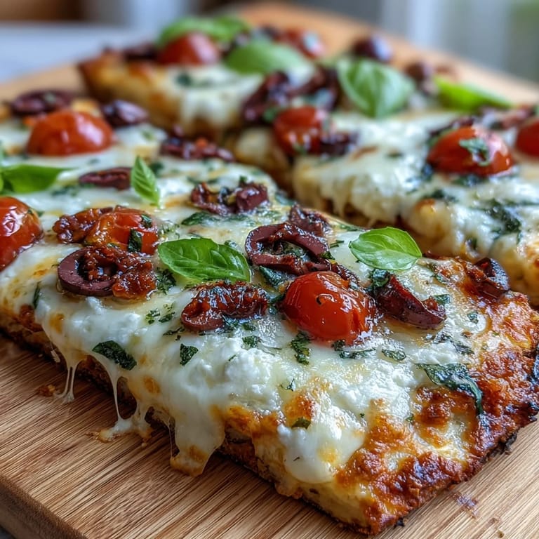 High-protein cottage cheese flatbread pizza topped with sugar-free tomato sauce, fresh basil, and sliced black olives.