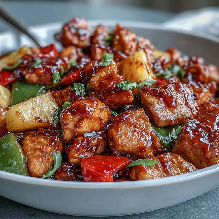 Easy sweet and sour chicken pineapple skillet recipe featuring golden-browned chicken, crisp bell peppers, and sweet pineapple chunks.