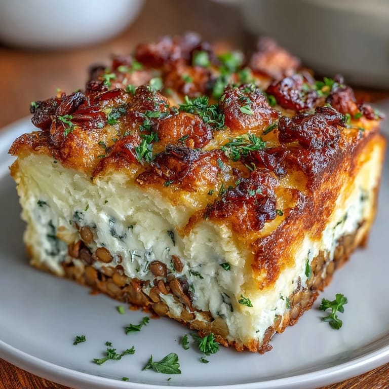 Rich lentil and mushroom filling topped with smooth mashed potatoes, baked to bubbling perfection in a classic comfort dish.  