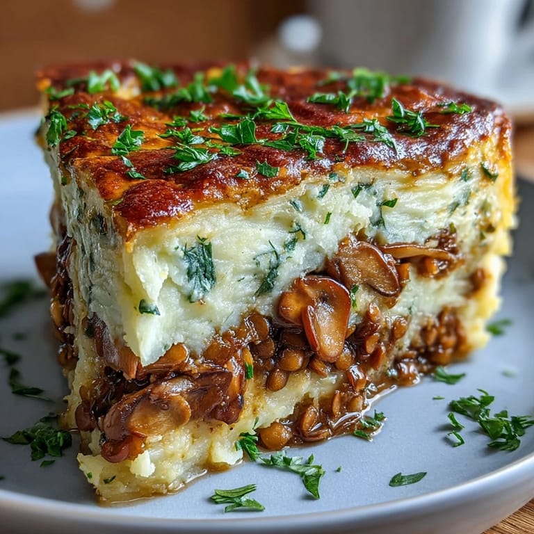 Golden-baked vegetarian Shepherds Pie with savory lentil-mushroom filling and fluffy mashed potato topping, perfect for cozy dinners.