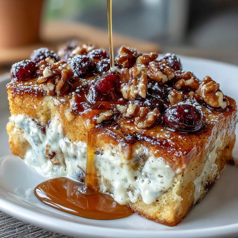Decadent blueberry French toast bake featuring fluffy brioche bread soaked in creamy vanilla custard, baked until golden and bubbling with fresh berries.