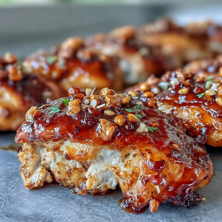 Savory baked chicken thighs coated in a sweet honey garlic sauce, garnished with fresh parsley.  