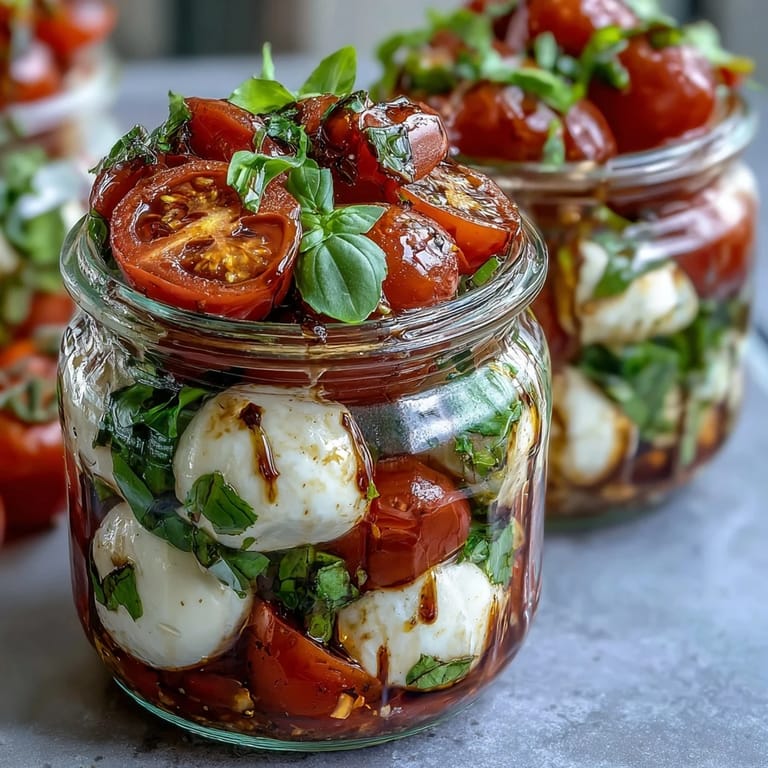 Portable Mason Jar Caprese Salad featuring juicy tomatoes, soft mozzarella, and fragrant basil, ready for easy on-the-go meals.