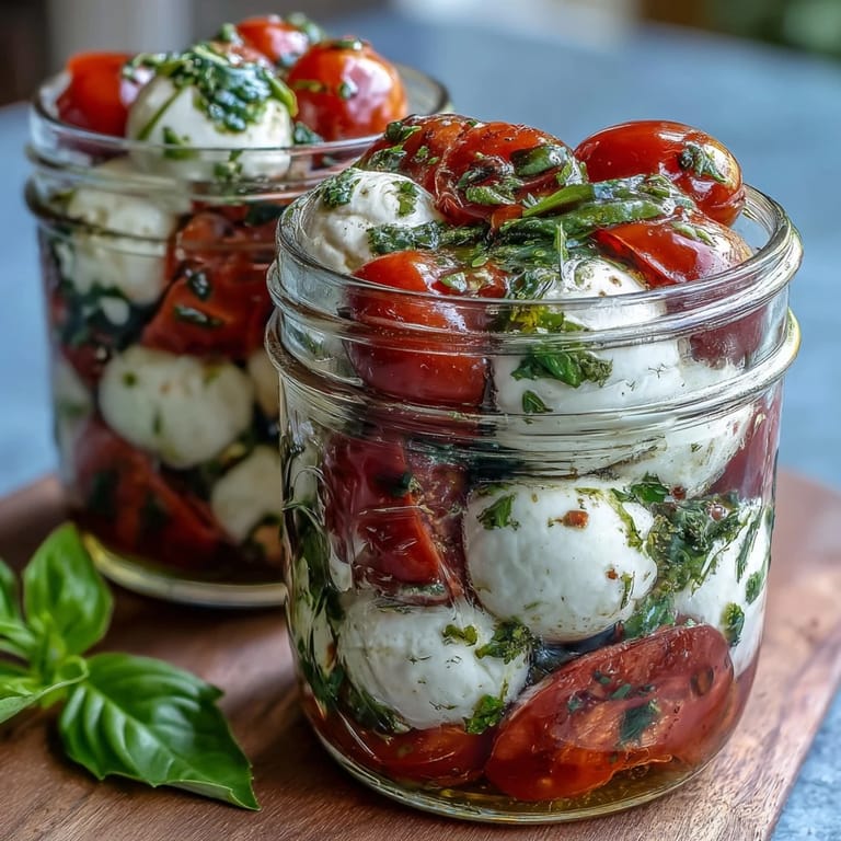 Layered Mason Jar Caprese Salad with ripe tomatoes, delicate mozzarella, and aromatic basil, dressed in olive oil and balsamic.