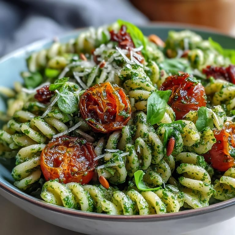 Colorful bowl of al dente pasta tossed with homemade basil pesto, juicy cherry tomatoes, and arugula—perfect for warm-weather gatherings.