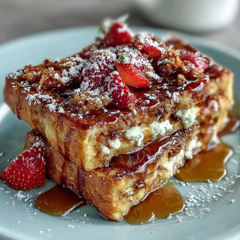 Strawberry French Toast Bake casserole topped with powdered sugar and maple syrup.