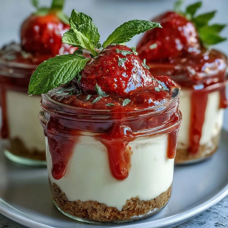 Creamy no-bake cheesecake with vibrant strawberry topping served in individual dessert jars for easy sharing.